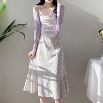 [원피스+가디건set] 데이지 잔꽃 가디건 세트 플라워 하트넥 스퀘어넥 나시 뷔스티에 스모크 밴딩 쉬폰 롱원피스 여행 데이트 여름 머메이드 바다