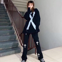 드렌드 고가 VIBE 무드 십자가 스트레이트진 스트릿 트렌드 와이드 루즈핏 여성 힙합 롱 팬츠