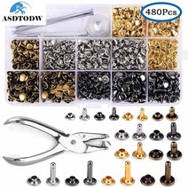 ASDTODW 가죽공예 리벳 8mm x 4종 x 40p + 6mm x 4종 x 40p+12mm x 4종 x 40p + 공구 4종 세트, 480pcs