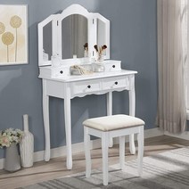 Roundhill Furniture Sanlo 목재 화장대 | 메이크업 테이블 및 스툴 세트 실버 147316, White