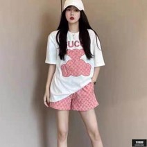 가바바 여성 반팔 트레이닝복 세트 귀여운 곰돌이 자수 여름 트레이닝복 세트 G61095