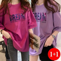 [1+1] 스타일아유 여성용 프린팅 DREAM 빅레터링 오버핏 반팔 티셔츠