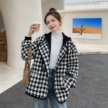 여성코트 추동 블랙 첸버드 체크 후드 모직 코트