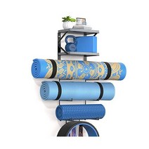 buwys 요가 매트 홀더 홈 보관 듀얼 우드 선반 3 받침대 후크 Dumb벨s Kett e벨s 폼 롤러 스트랩 밴드 피트니스 or, Gray