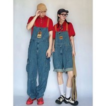 점프수트 남성 점프슈트 남성 여성 미국 복고풍 스플래시 잉크 자수 데님 스트랩 INS 오버핏 커플 툴링 멜빵 원피스 바지