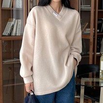 [오버나인] 여성 터치 기모 라벨 브이 박스 오버핏 니트