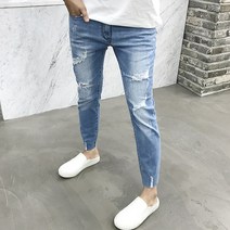 용된다 남자 디스트로이드 찢어진 컷팅 9부 청바지