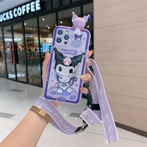 쿠로미 시나모롤 아이폰 십삼미니 폰케이스+캐릭터 페이스 거울 그립톡+목걸이 스트랩 3종세트 아이폰호환 십사프로맥스 7/8/11/12/xr 커플용 낙하방지 선물용 보호커버필름