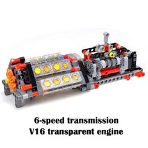 MOC 6 단 변속기 V16 투명 엔진 조합 빌딩 블록 엔진 모델 어린이 전기 장난감 빌딩 블록, 세트 1