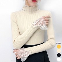 제이에프케이 여성 봄 가을 겨울 니트티 진주 레이스 골지 스웨터[AXB6KN246A]