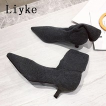 부츠 Liyke 봄 가 캐주얼 아늑한 블랙 스트레치 패브릭 발목 양말 뾰족한 발가락 낮은 얇은 발 뒤꿈치 슬립 온 신발
