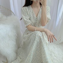 타이니 샤랄라 플라워 쉬폰 주름 브이넥 롱 원피스
