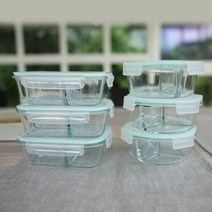 이고웰 3칸나눔 유리밀폐용기 6종 세트 대용량반찬통 원형950ml 3개+직사각1040ml 3개, 1세트