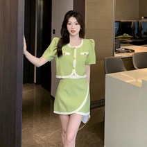 리얼 샷 프렌치 크루 넥 반팔 향긋한 쇼트 코트 A 라인 오버 스커트 여성용 슈트 라이트 럭셔리 하이 엔드 투피스 슈트