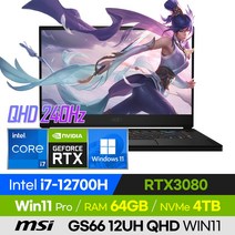 [사은품 증정!] MSI 스텔스 GS66 12UH QHD WIN11 고사양 12세대 롤 오버워치 배그 로아 15인치 게이밍 노트북 (코어i7-12700H/RTX3080), 윈도우 포함, 64GB, 4TB, 코어i7, 블랙
