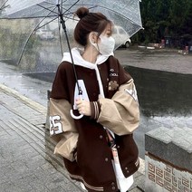 박시코트 VINTAGE 아메카지스타일 자수 야구복 트렌드 가을겨울 달콤하고 쿨함 학원 무드 여성 4990443511, XL, 커피 색 자수 퍼즐 퀄리티 함 내부