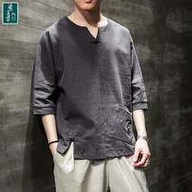 일본 남성 린넨 면 마 소재 반팔 7부 상의 미디움 소매 티셔츠 하 학 새 자수 4종