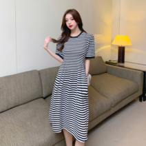 슈어 단가라 스트라이프 포켓 5부 반팔 a라인 롱 원피스