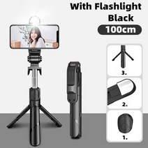 미니 셀카 스틱 led 필 라이트 블루투스 삼각대 para movil 램프 폰 스탠드 portabl con luz palo 확장 가능 비디오 stojak, 블랙 플래시 100cm