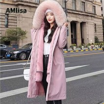 AMlisa 고품격 방한용 날씬한 여성 빅사이즈 기모 롱패딩 겨울 야상 모자 털 풍성한 허리잘록 다운 코트 면복