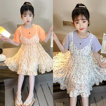 [삐삐네옷가게] 여아 / 초등학생 / 페퍼민트레이어드원피스 여름 쉬폰 플라워 원피스 스커트 주니어 초등학생 반팔 티셔츠 레이어드 원피스 휴가 여행 등원