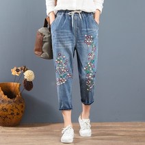 여성용 루즈핏 자수 8부 청바지 LR2825