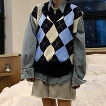 라라벨 여성 니트 조끼 아가일 베스트 봄 가을 캐쥬얼룩