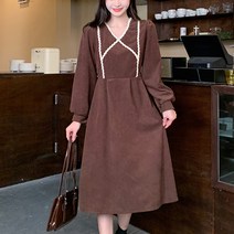 패스타임 여성 V넥 배색 코듀로이 롱원피스 가을 겨울 휴가 여행룩 데이트룩