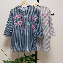 [퀸즈맘J] 여름 꽃나염 줄지 블라우스 7부소매 셔츠 국산 폴리 마 엄마 할머니 큰옷 생신선물