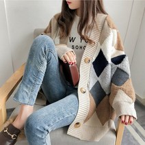 아가일 체크 무늬 니트 스웨터 카디건 여성 캐주얼 스웨터 겨울 점퍼 싱글 브레스트 오버 사이즈 카디건 하라주쿠 w156