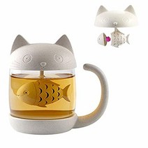 BigNoseDeer 귀여운 고양이 유리 티 머그 물병 - 피쉬 티 인퓨저 스트레이너 필터 포함 250ML(8온스) 차 애호가를 위한 티 액세서리, White