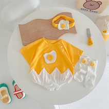베이비 아기 영유아 계란후라이 바디슈트 헤어밴드 세트 50일 백일 200일 돌촬영 외출복