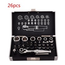 26pcs 미니 래칫 렌치 소켓 비트 1/4 '자전거 오토바이 수리를위한 드라이브 스패너 키트 도구, Black