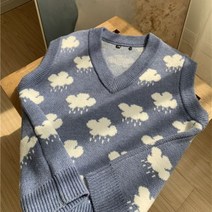 조끼 니트 여성 베스트 가을 스웨터 민소매 클라우드 프린트 v 넥 탑 겨울 의류 15990