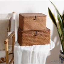 홈인테리어 소품 뚜껑있는 대형 사각 라탄 수납함 정리 바구니 2color, 중형 24x14x13cm개, 오렌지 심플