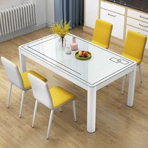 XML 6인용 4인용식탁세트 모던식탁의자 강화유리식탁 세트 다이닝테이블 식탁세트의자, 4인용식탁의자세트(화이트-옐로)120X70cm