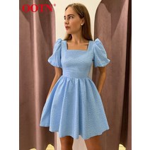 ootn 우아한 파티 드레스 자카드 크로스 붕대 등이없는 레이스 업 여성 드레스 여름 퍼프 슬리브 스퀘어 넥 미니 스위트 드레스