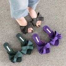 [또오세] 여성 새틴 리본 토오픈 뮬 슬리퍼 샌들 통굽
