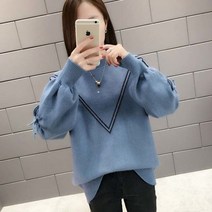 리본 니트 리본티 라운드넥 레이스 업 스웨터 여성 오버핏 캐주얼 풀오버 루즈핏 스