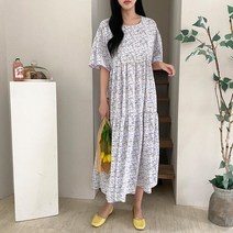 여자 플라워 패턴 라운드넥 나팔 소매 롱 원피스