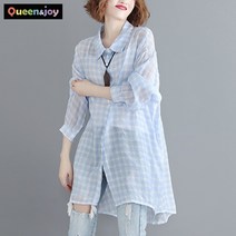 퀸앤조이 미녀77 가벼운 여름 간절기 체크 롱 남방 셔츠