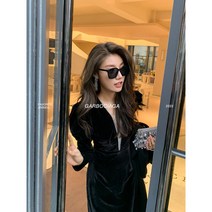 웨딩촬영블랙드레스 메쉬 깊은 V 넥 이브닝 드레스 햅번 벨벳 웨딩촬영 원피스