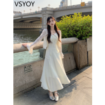 vsyoy 부드러운 프렌치 슬링 드레스 여성용 롱 드레스 기질 허리 스키니 해변 홀리데이 드레스