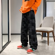 개성 높은 거리 스트레이트 청바지 남자 겨울 항구풍 ins 유행 브랜드 깡패 잘생김 루즈한 체크 배색 캐주얼 긴 바지