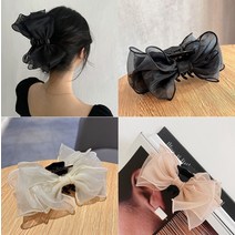왕리본 쉬폰 헤어 집게핀 블랙+화이트+샴페인 3종 세트