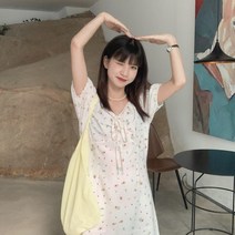 자체제작원피스 치즈토끼 드로스트링 슬림핏 키커 보이는 플라워 전원 무드 작은 여성 2131130401