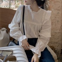 퐁순싸롱 하이넥 코튼 면 프릴 레이스 러플 블라우스 SY