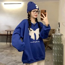클라인 블루 맨투맨 여 추동 기모 도톰 리본 루즈핏 긴팔 상의 ins