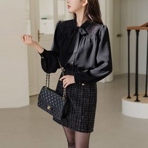 스타일온미 셀도브 펄트위드 프릴 리본 블라우스