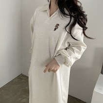 [비비애르] 곰돌이 자수 카라 롱 원피스 트임 캐주얼 테디 베어 봄 러블리코디